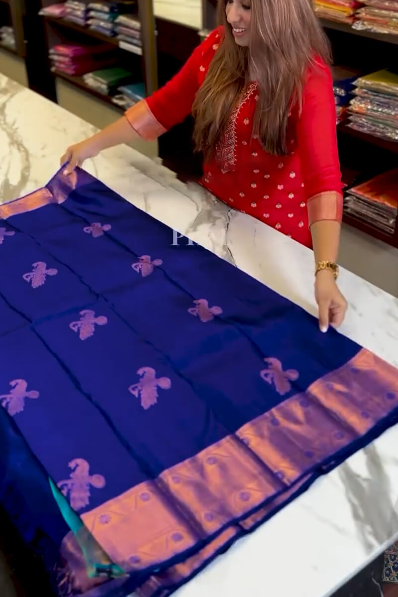 Symmetrical Royal Blue Soft Banarasi Silk Saree With Magnificat Blouse Piece