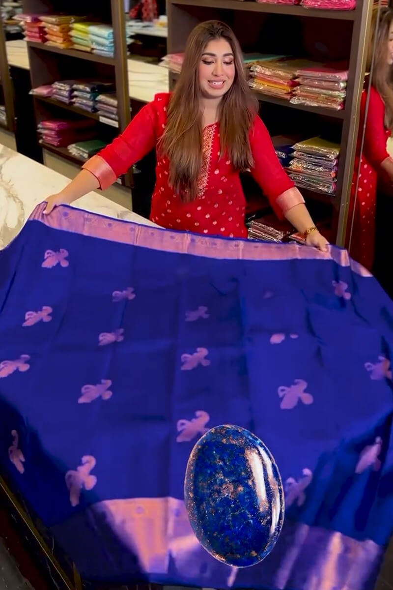 Symmetrical Royal Blue Soft Banarasi Silk Saree With Magnificat Blouse Piece