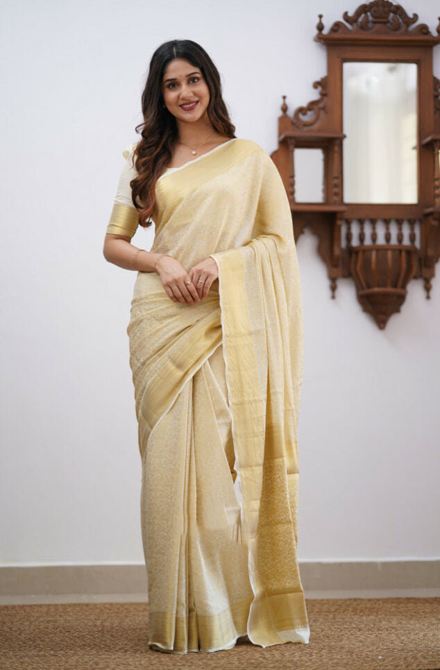 Lagniappe Beige Soft Silk Saree With Imaginative Blouse Piece