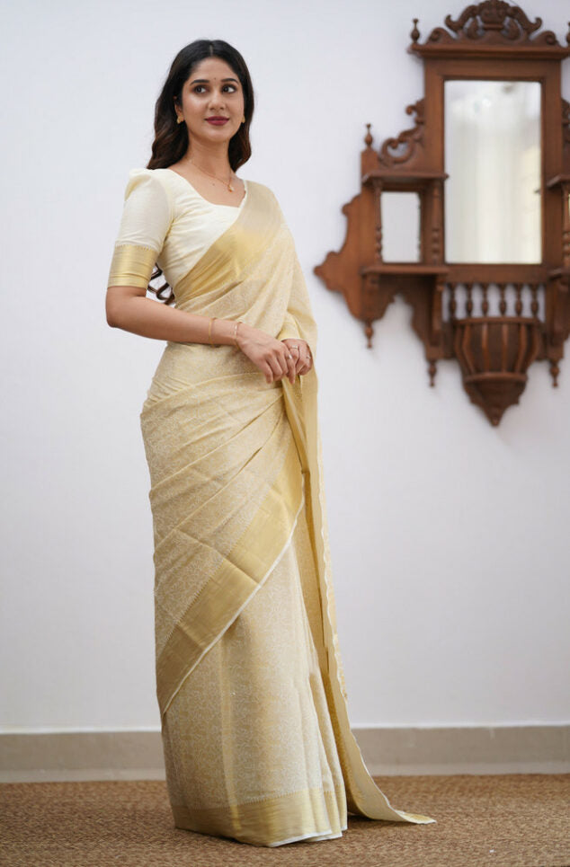 Lagniappe Beige Soft Silk Saree With Imaginative Blouse Piece