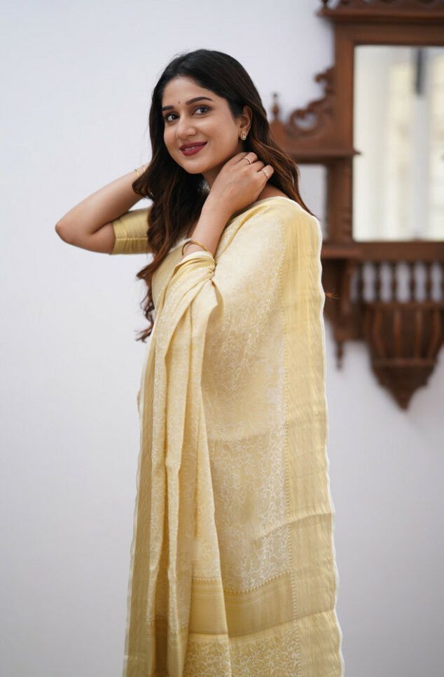 Lagniappe Beige Soft Silk Saree With Imaginative Blouse Piece