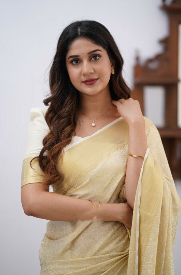 Lagniappe Beige Soft Silk Saree With Imaginative Blouse Piece