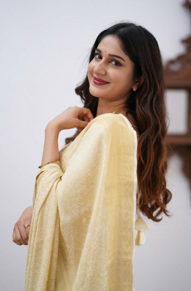 Lagniappe Beige Soft Silk Saree With Imaginative Blouse Piece