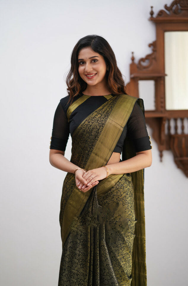 Imbrication Black Soft Silk Saree With Enchanting Blouse Piece