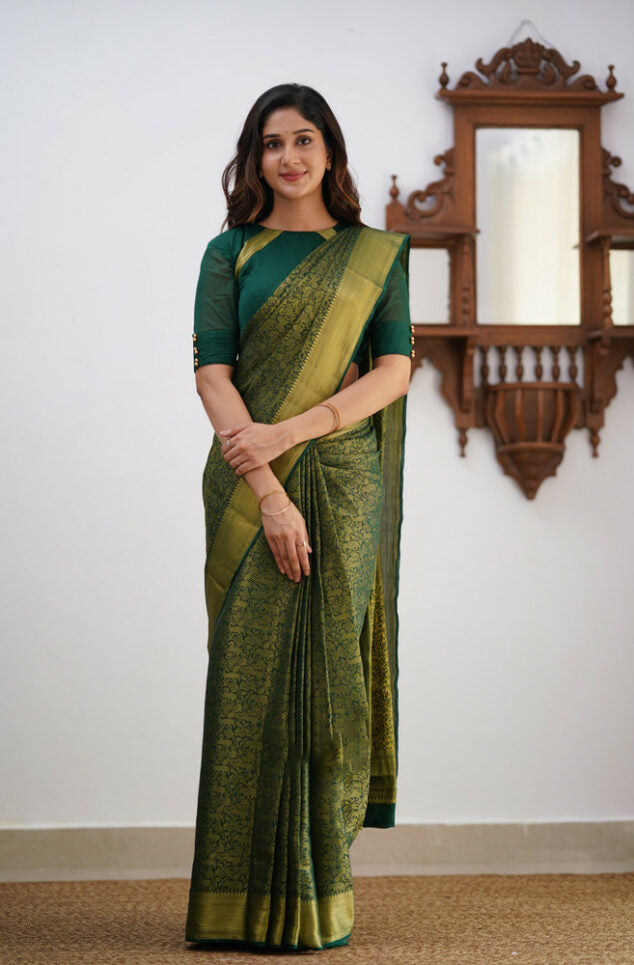 Gossamer Dark Green Soft Silk Saree With Petrichor Blouse Piece