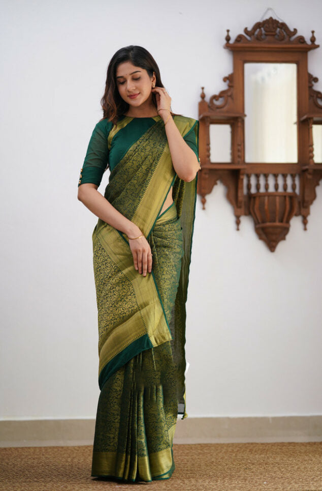 Gossamer Dark Green Soft Silk Saree With Petrichor Blouse Piece