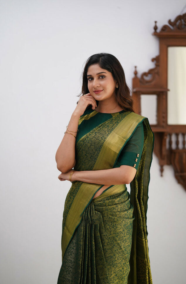 Gossamer Dark Green Soft Silk Saree With Petrichor Blouse Piece