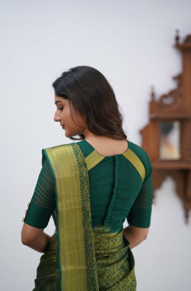 Gossamer Dark Green Soft Silk Saree With Petrichor Blouse Piece