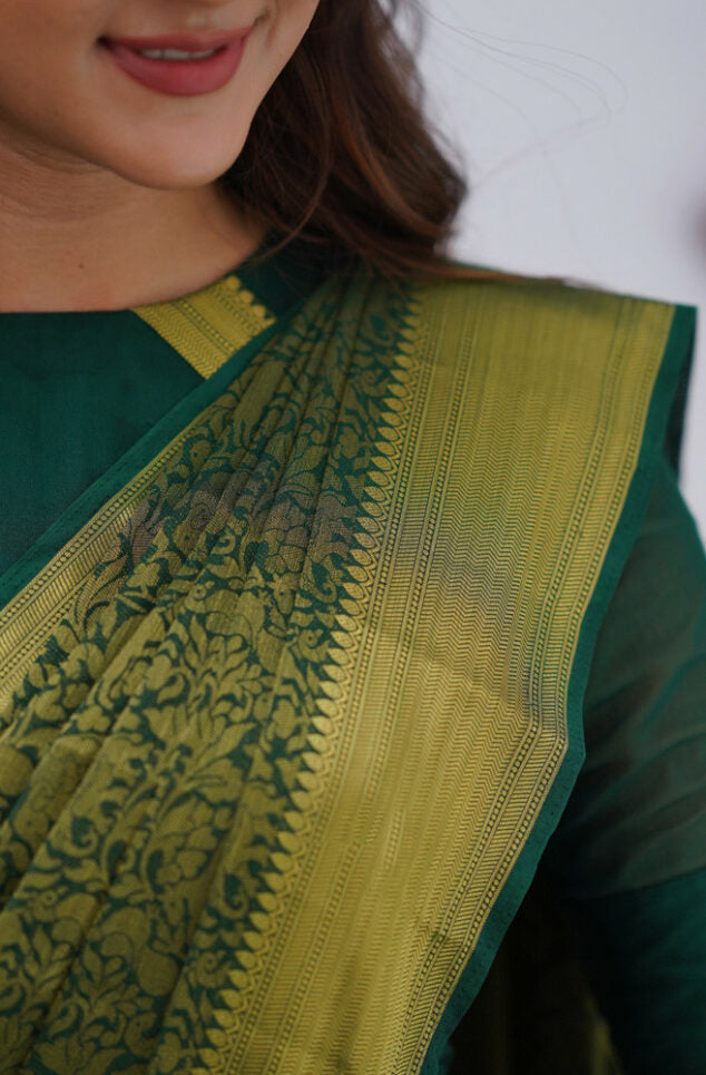 Gossamer Dark Green Soft Silk Saree With Petrichor Blouse Piece