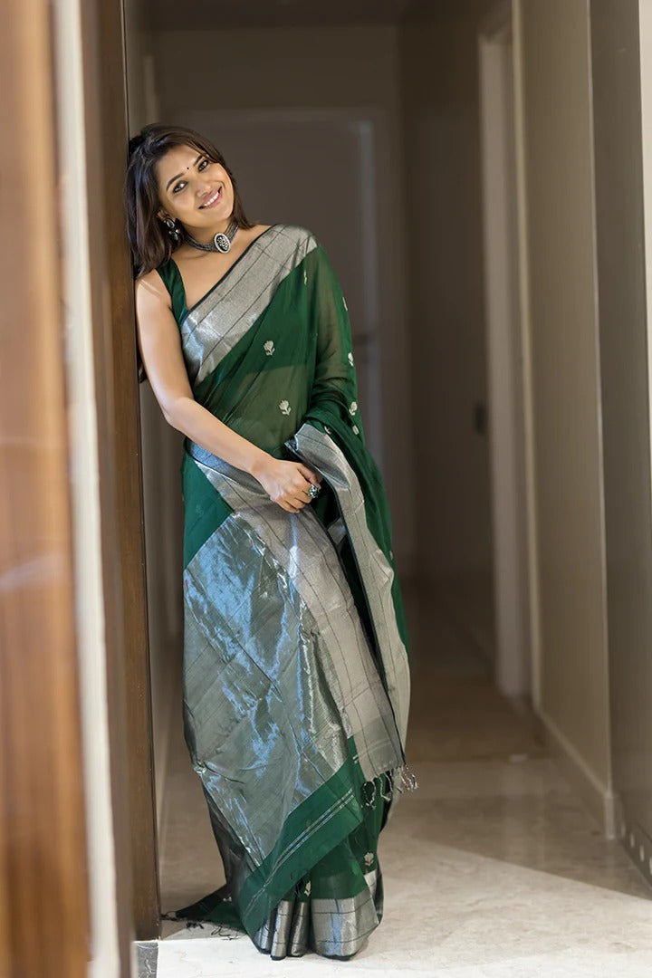 Phthalo Green Maheshawari Cotton Silk Saree