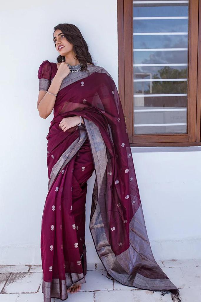 Grape Wine Maheshawari Cotton Silk Saree