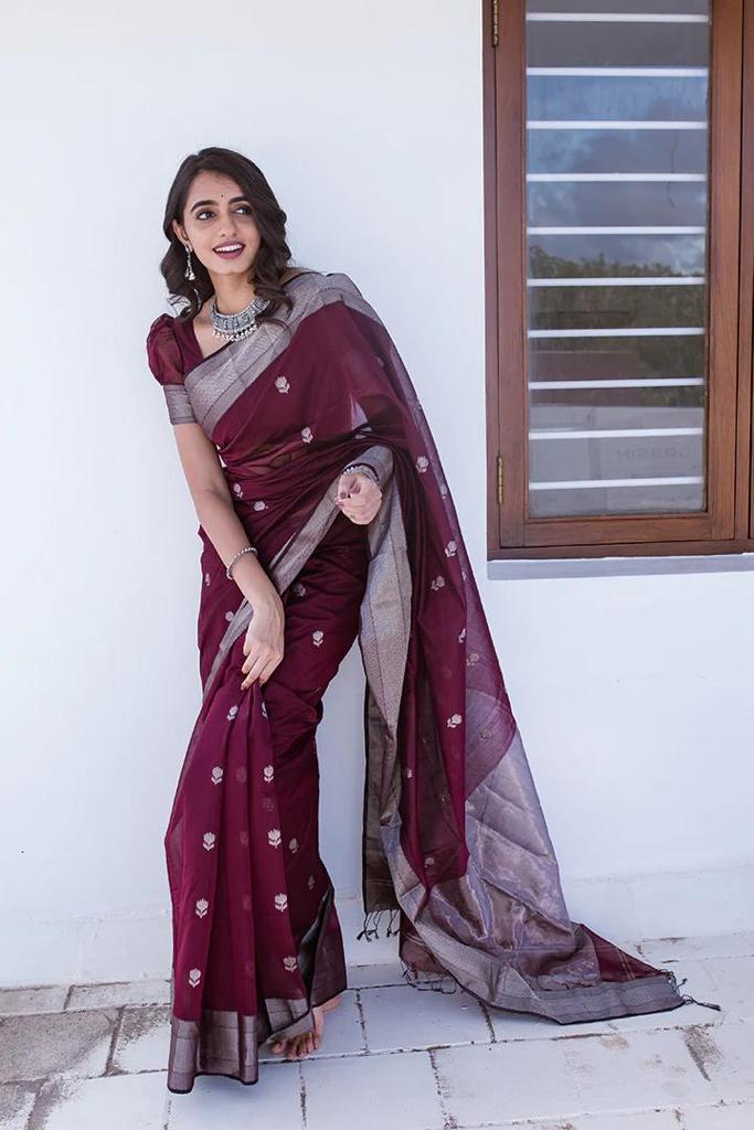 Grape Wine Maheshawari Cotton Silk Saree