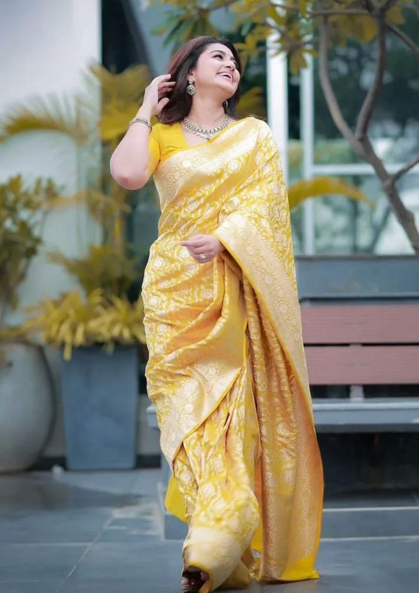 Redolent Yellow Soft Silk Saree With Embellished Blouse Piece