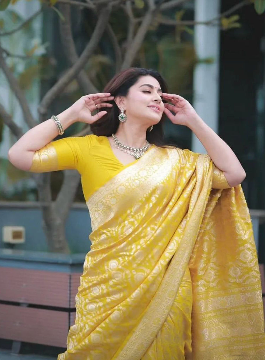 Redolent Yellow Soft Silk Saree With Embellished Blouse Piece