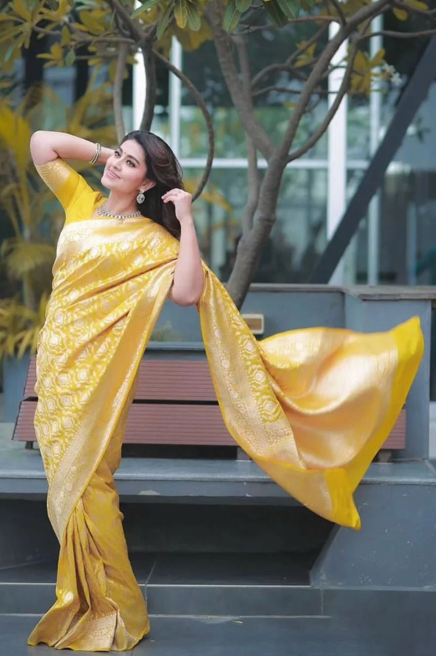 Redolent Yellow Soft Silk Saree With Embellished Blouse Piece