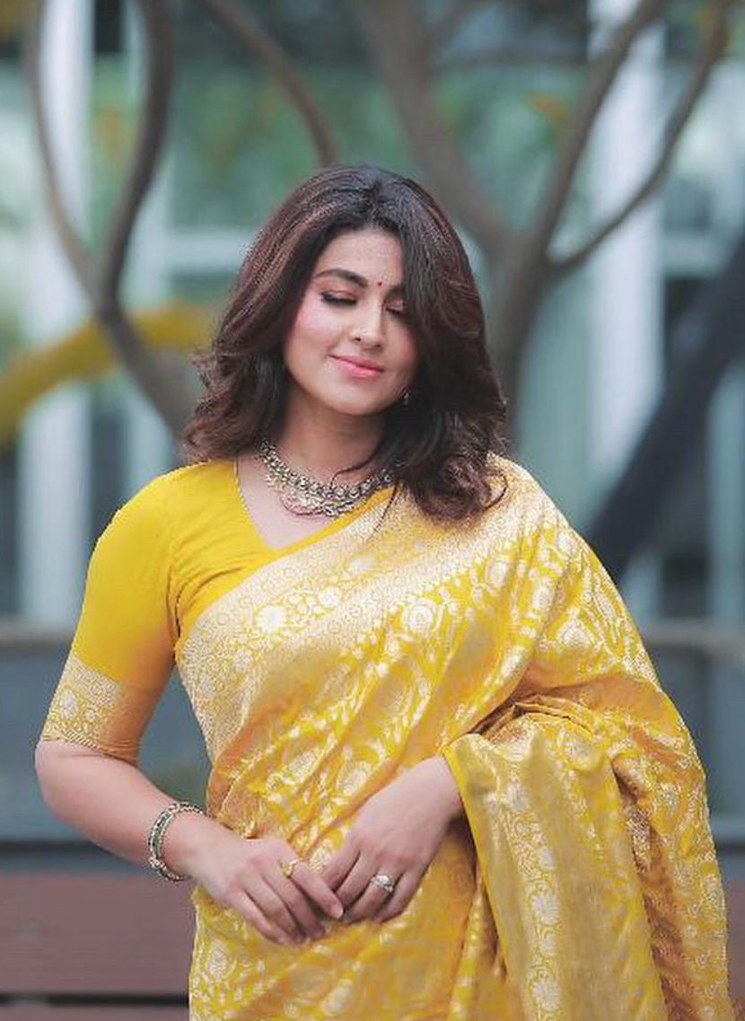 Redolent Yellow Soft Silk Saree With Embellished Blouse Piece