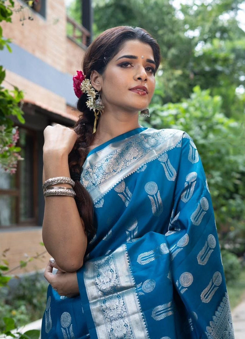 Palimpsest Blue Soft Silk Saree With Denouement Blouse Piece