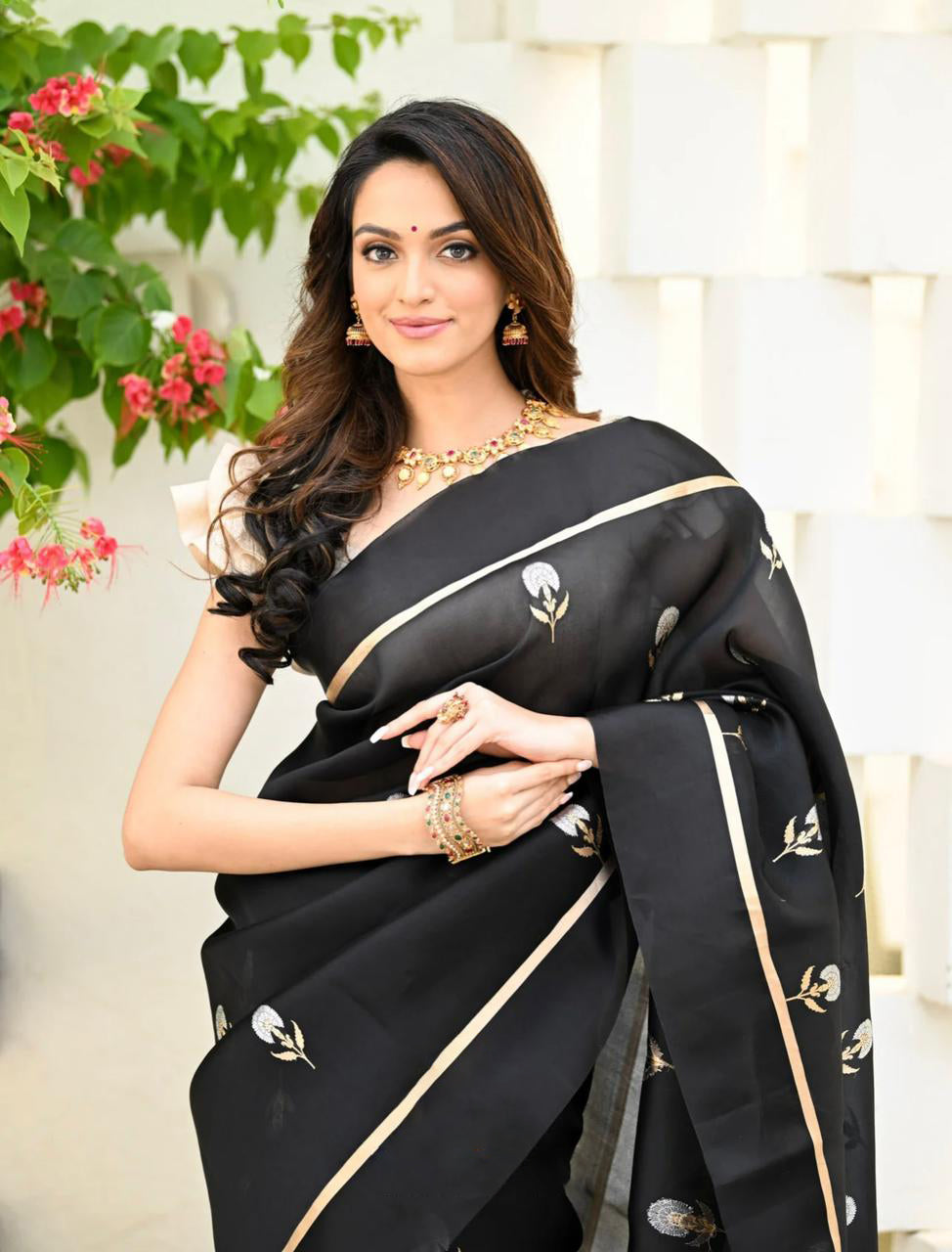 Impressive Black Soft Silk Saree With Assemblage Blouse Piece