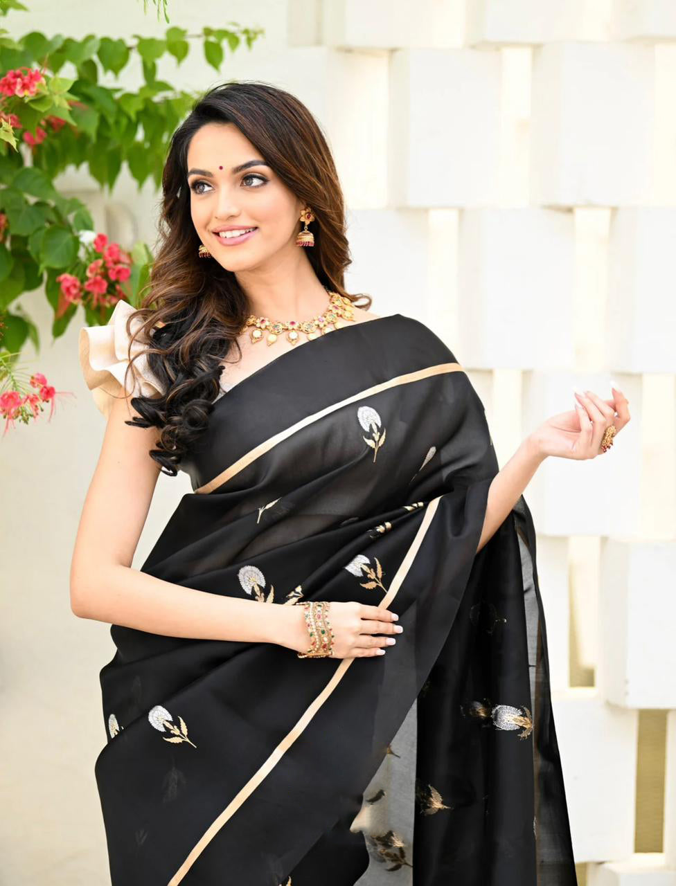 Impressive Black Soft Silk Saree With Assemblage Blouse Piece