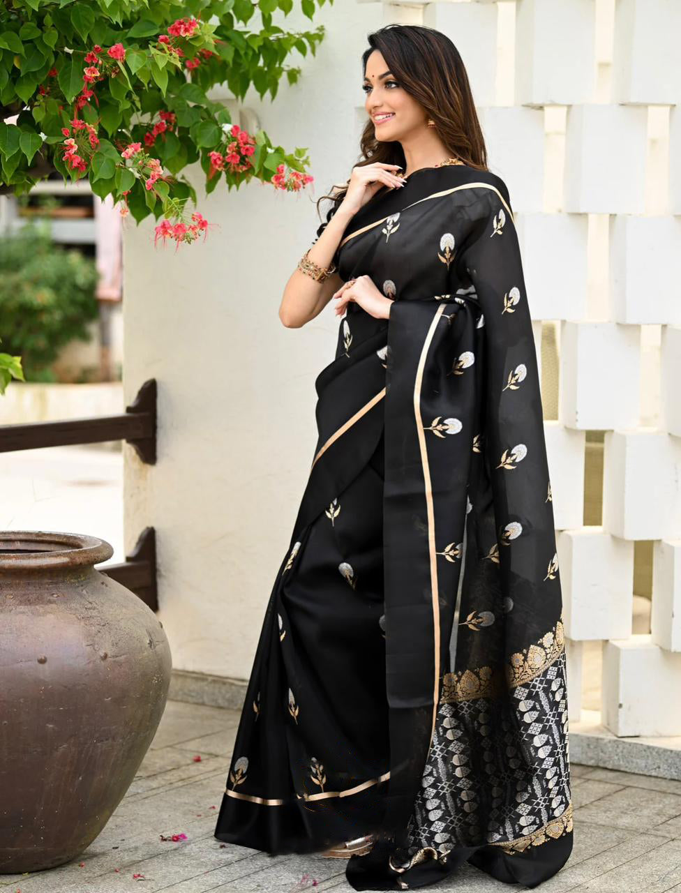 Impressive Black Soft Silk Saree With Assemblage Blouse Piece