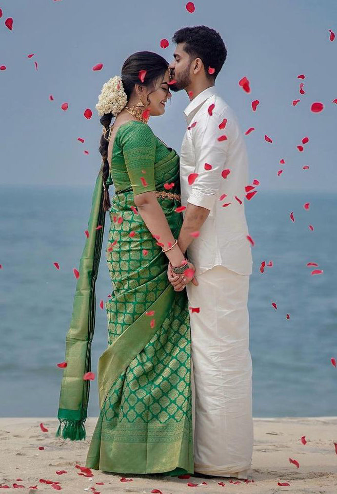 Intricate Green Soft Silk Saree With Opulent Blouse Piece