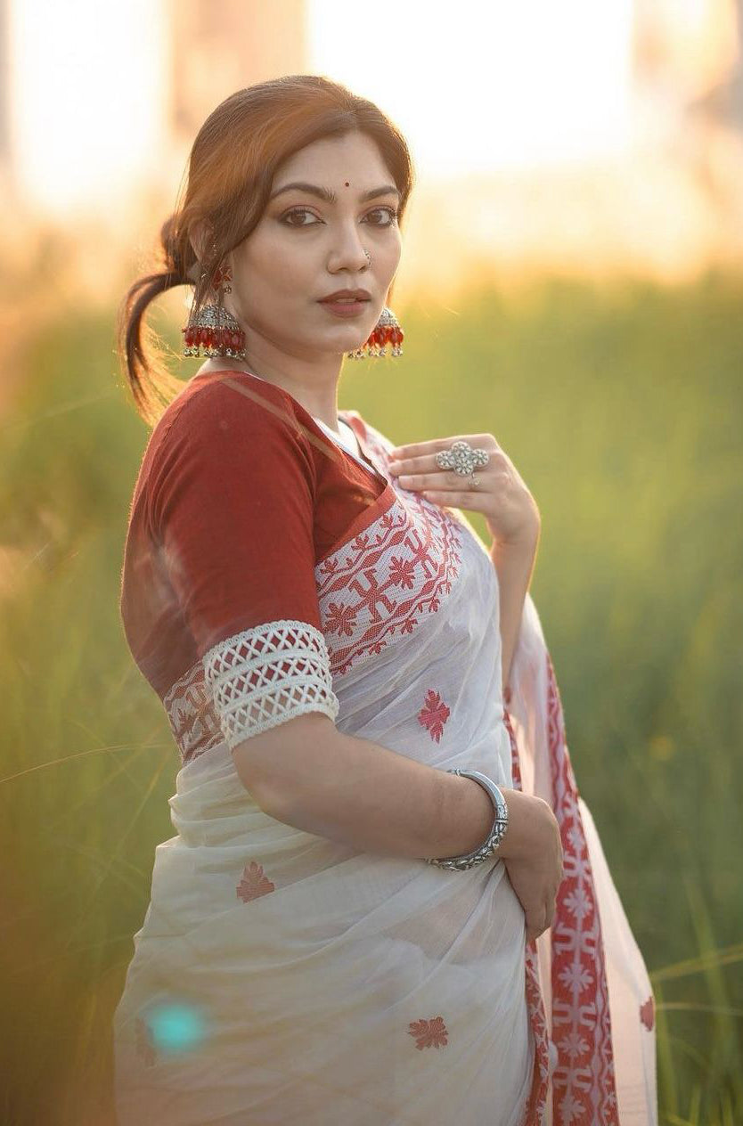 Milk White Maheshawari Cotton Silk Saree