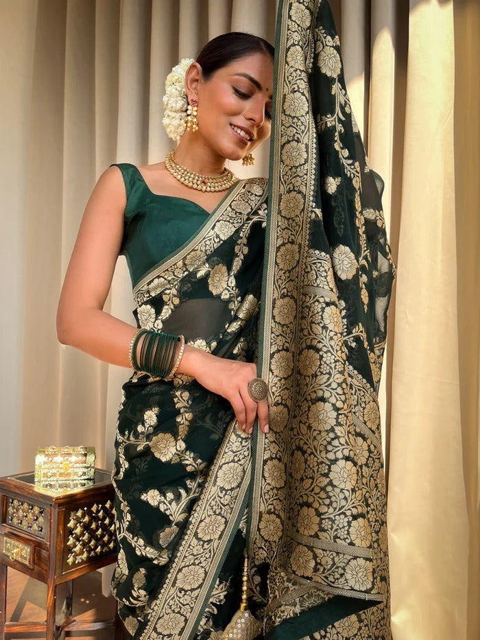 Ineffable Dark Green Soft Silk Saree With Unique Blouse Piece