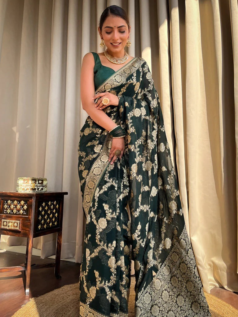 Ineffable Dark Green Soft Silk Saree With Unique Blouse Piece