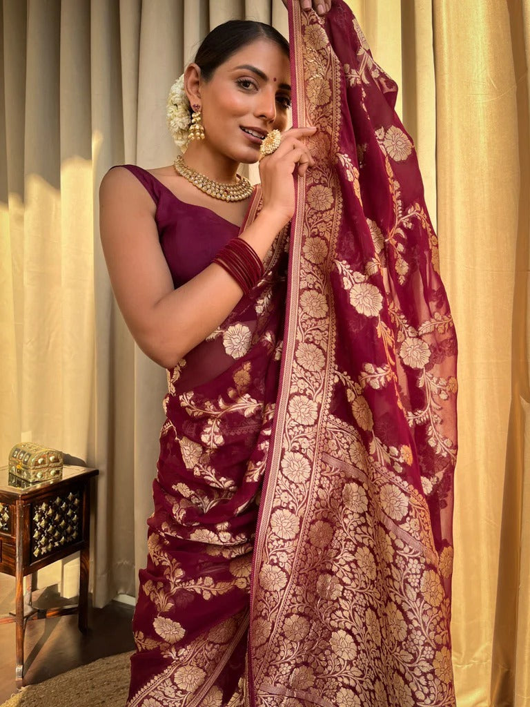 Lustrous Wine Soft Silk Saree With Beauteous Blouse Piece