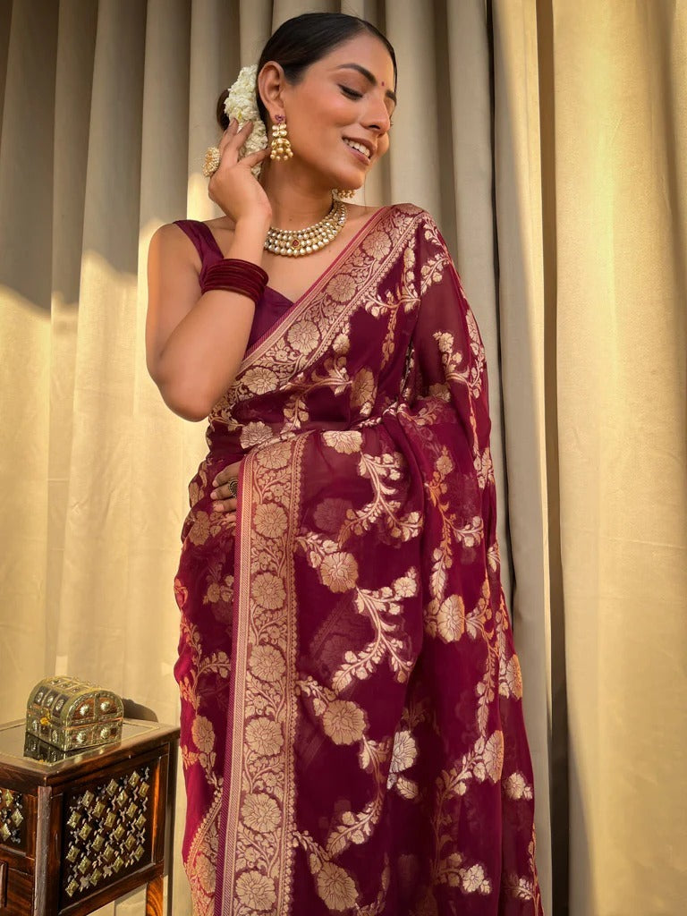 Lustrous Wine Soft Silk Saree With Beauteous Blouse Piece
