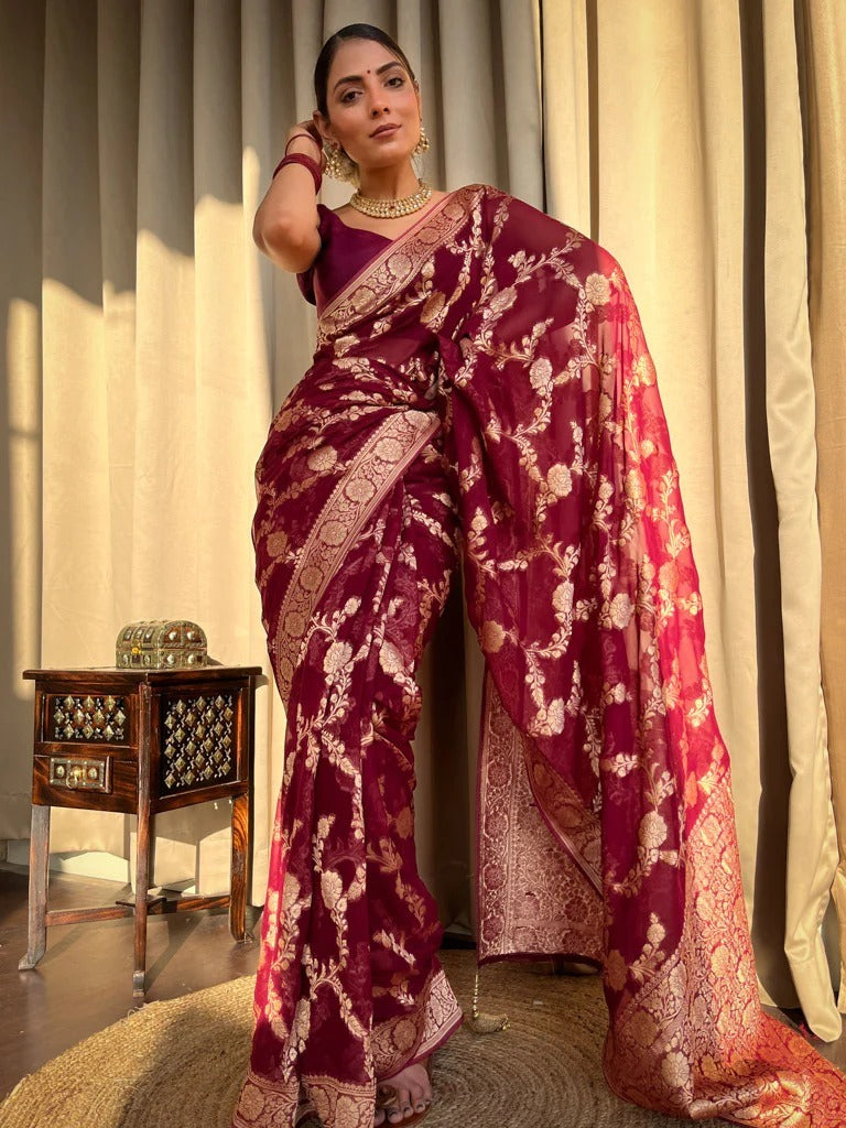Lustrous Wine Soft Silk Saree With Beauteous Blouse Piece