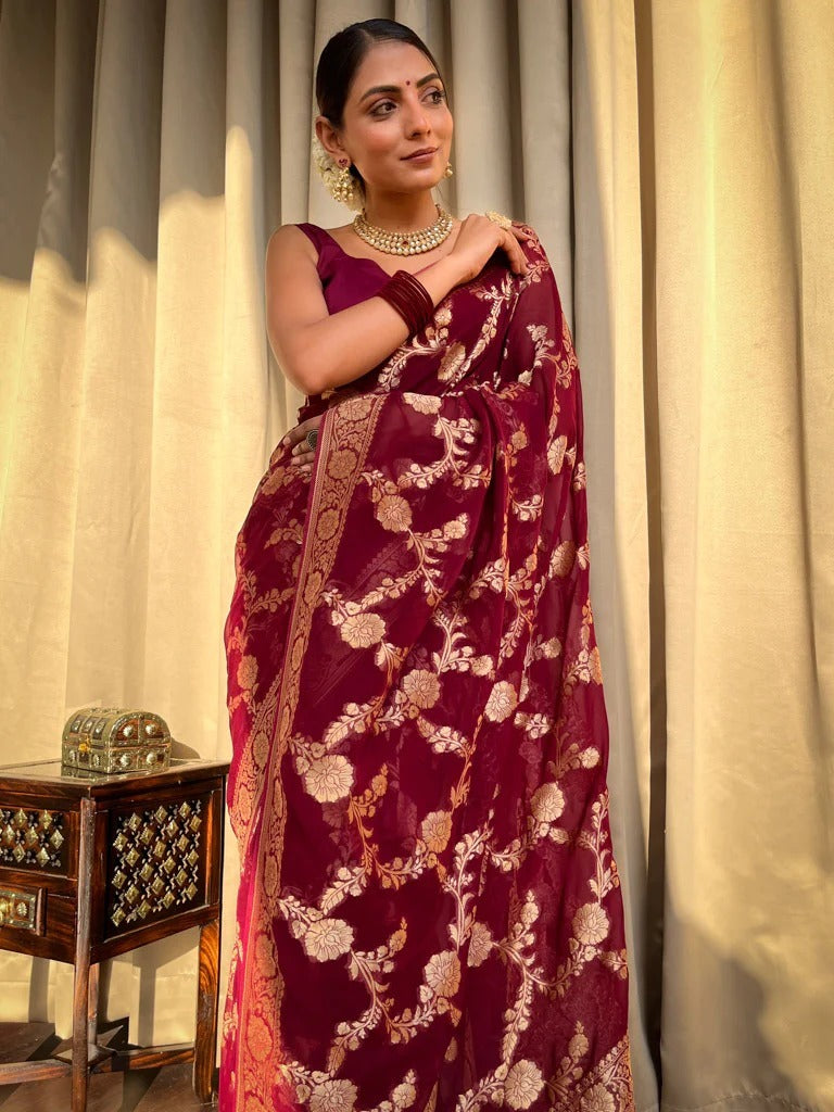 Lustrous Wine Soft Silk Saree With Beauteous Blouse Piece