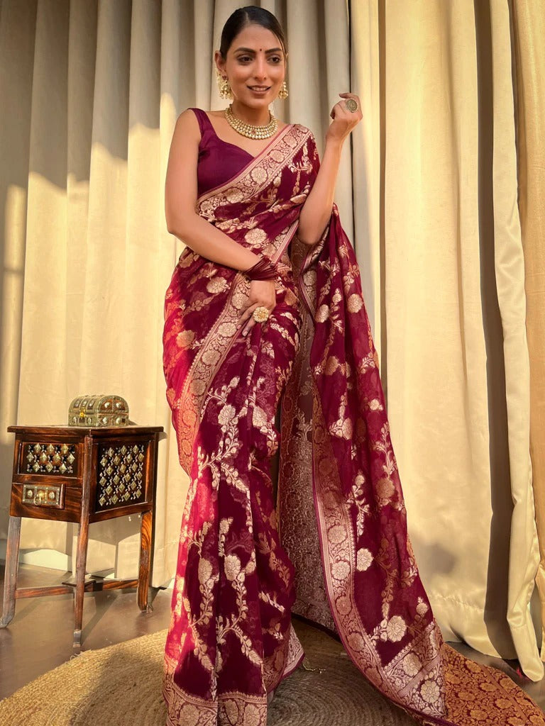 Lustrous Wine Soft Silk Saree With Beauteous Blouse Piece