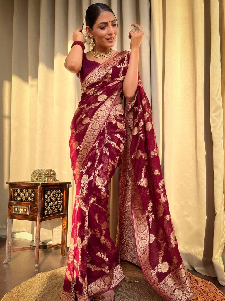Lustrous Wine Soft Silk Saree With Beauteous Blouse Piece