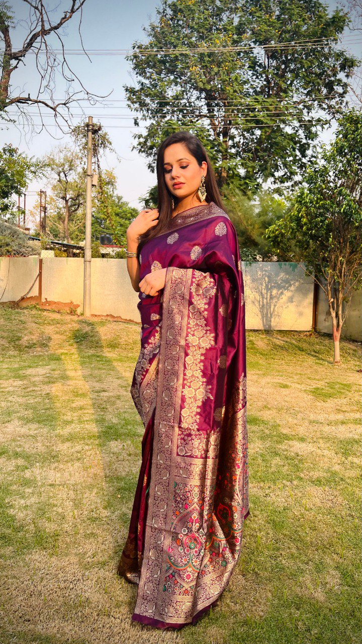 Energetic Wine Soft Silk Saree With Outstanding Blouse Piece
