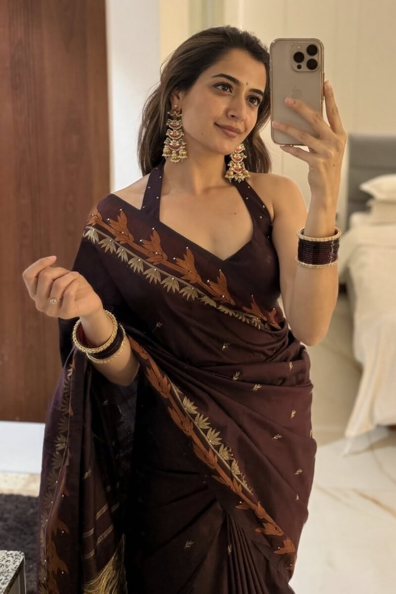 Prominent Brown Soft Silk Saree With Charming Blouse Piece