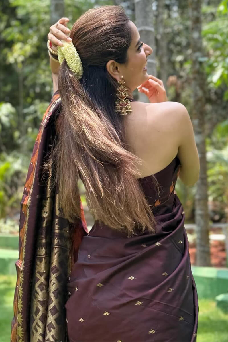 Prominent Brown Soft Silk Saree With Charming Blouse Piece