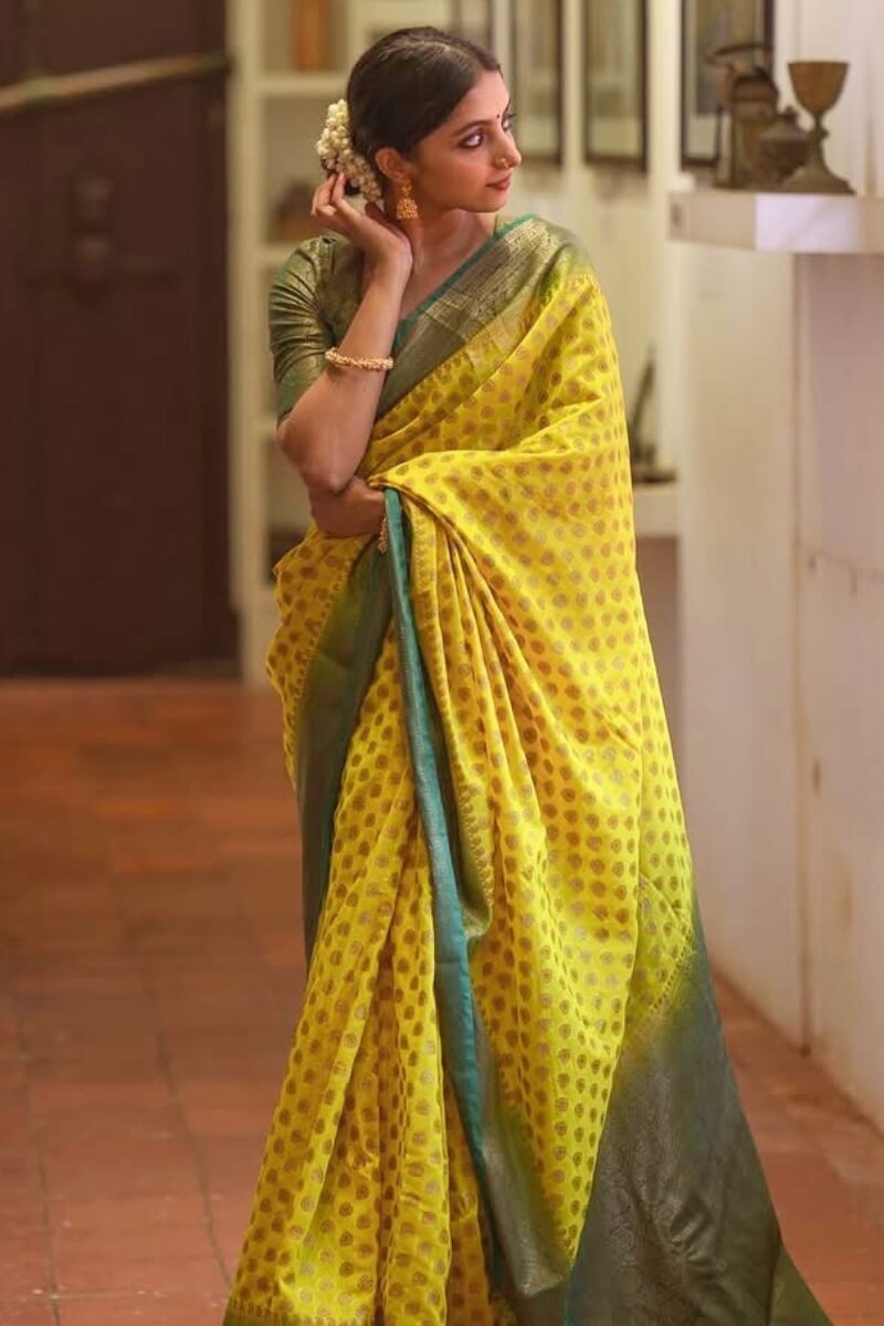 Verdant Yellow Soft Silk Saree With Prettiest Blouse Piece
