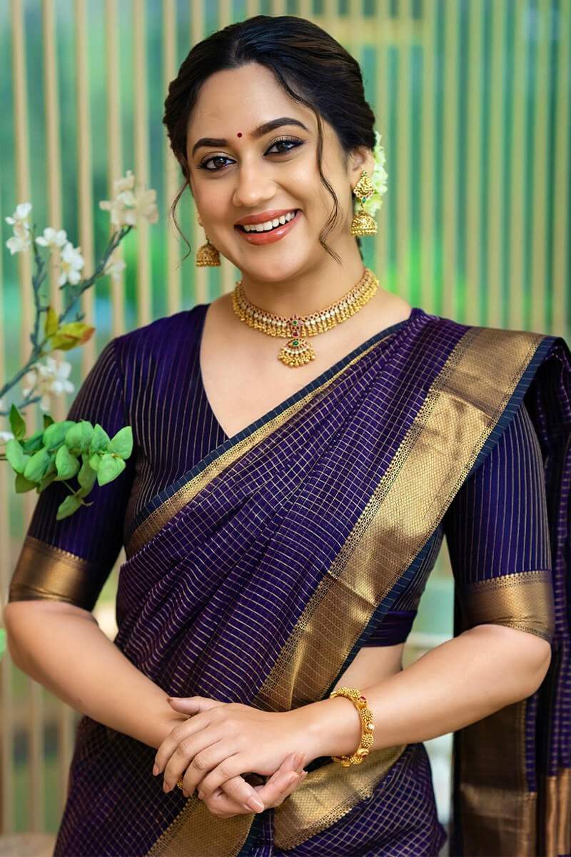 Palimpsest Navy Blue Soft Silk Saree With Splendiferous Blouse Piece