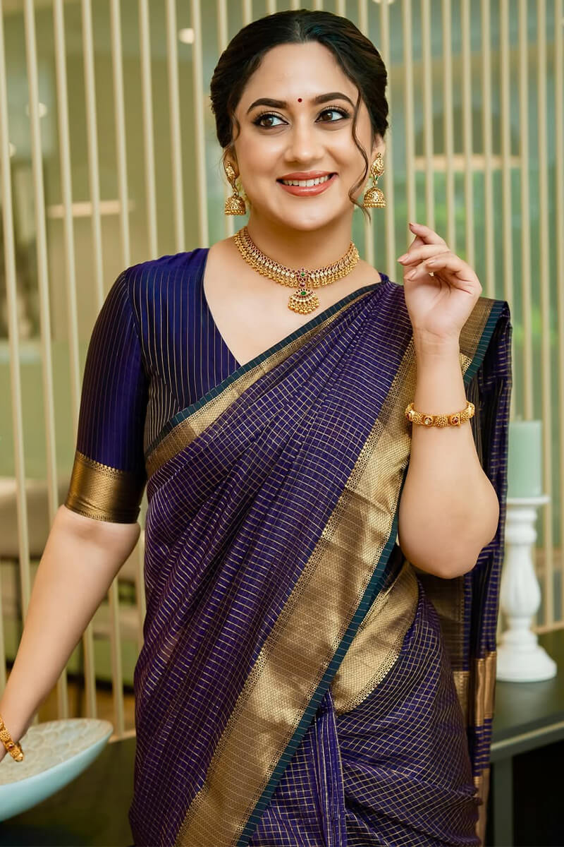 Palimpsest Navy Blue Soft Silk Saree With Splendiferous Blouse Piece