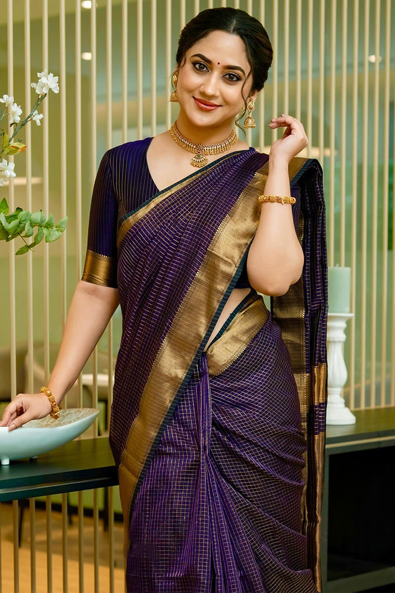 Palimpsest Navy Blue Soft Silk Saree With Splendiferous Blouse Piece