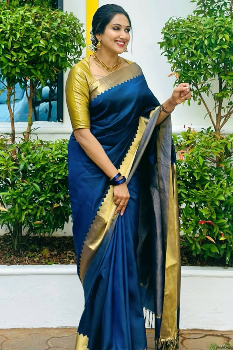 Surpassing Navy Blue Soft Silk Saree With Imaginative Blouse Piece