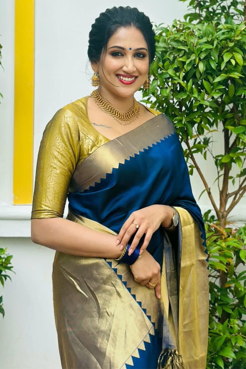 Surpassing Navy Blue Soft Silk Saree With Imaginative Blouse Piece