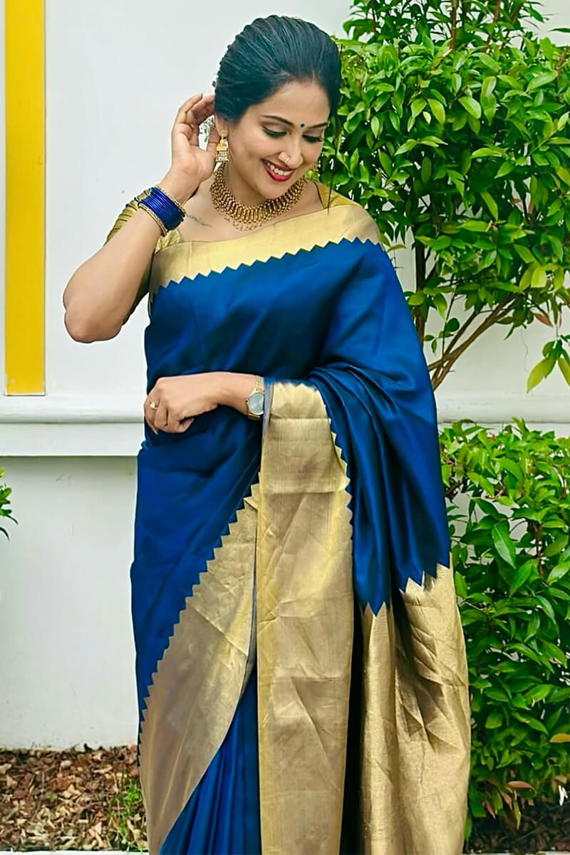 Surpassing Navy Blue Soft Silk Saree With Imaginative Blouse Piece