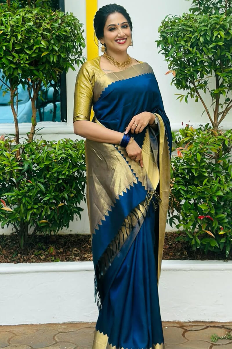 Surpassing Navy Blue Soft Silk Saree With Imaginative Blouse Piece
