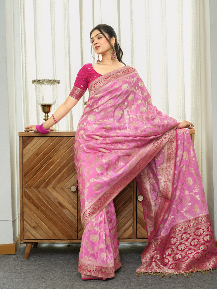 Beautiful Baby Pink Soft Silk Saree With Scintillating Blouse Piece