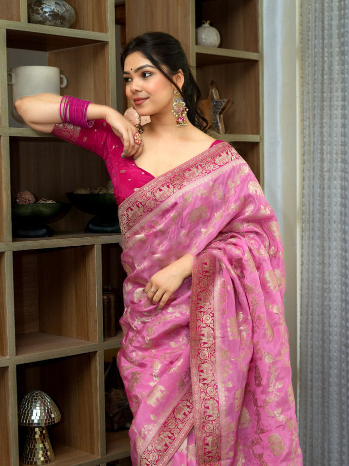 Beautiful Baby Pink Soft Silk Saree With Scintillating Blouse Piece