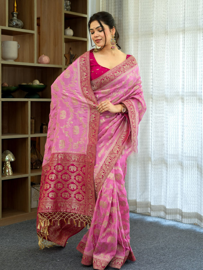 Beautiful Baby Pink Soft Silk Saree With Scintillating Blouse Piece
