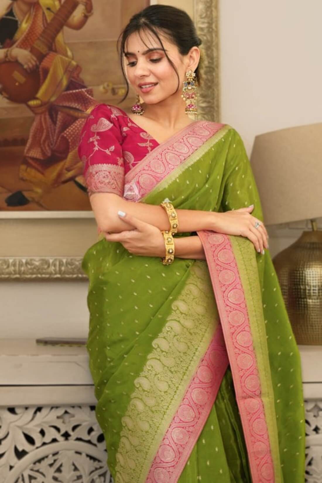 Cynosure Green Soft Silk Saree With Ailurophile Blouse Piece