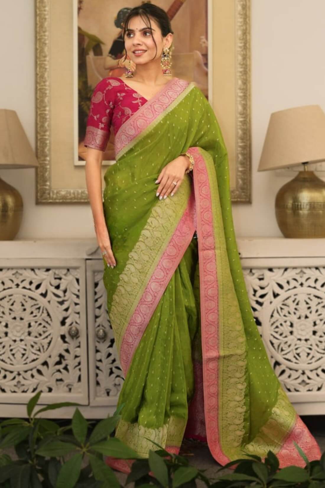 Cynosure Green Soft Silk Saree With Ailurophile Blouse Piece